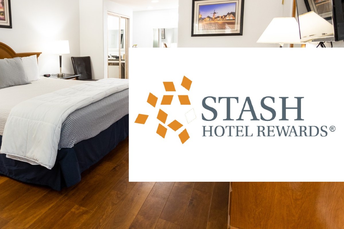 Stash Hotel Rewards logo over King Frederik hotel room in Solvang, CA