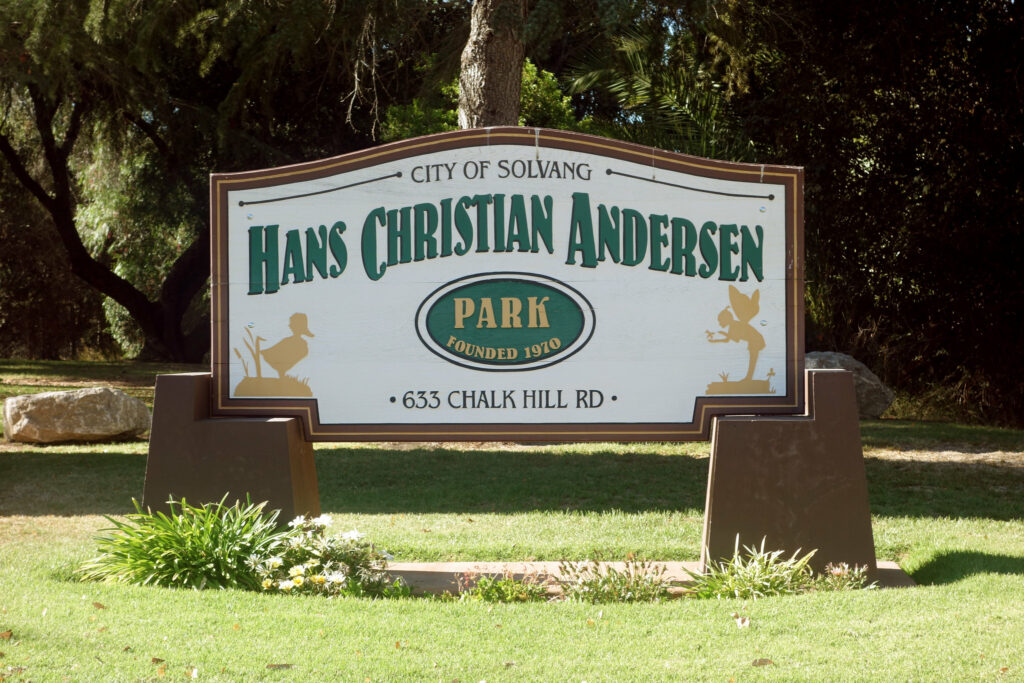Sign to Hans Christian Andersen Park in Solvang, California