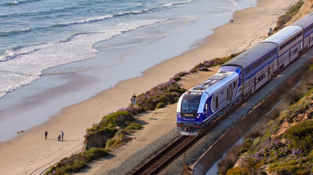 Amtrack Pacific Surfliner train near beach